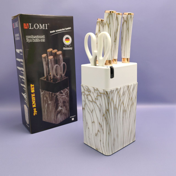 Набор кухонных ножей из нержавеющей стали 7 предметов Alomi на подставке / Подарочная упаковка, Белый мрамор